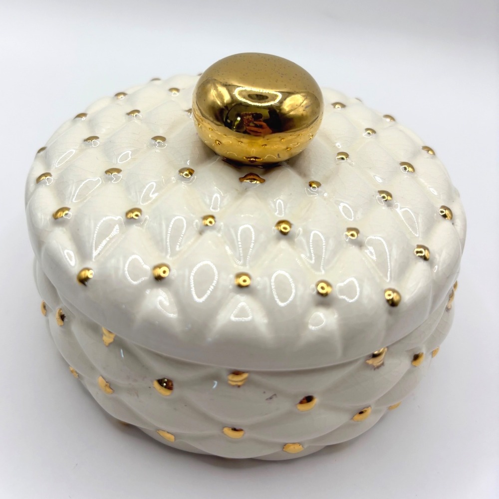 Arnels Vintage Quilted Ceramic Trinket Box Cream Gold Tufted Jewelry Dish MCM